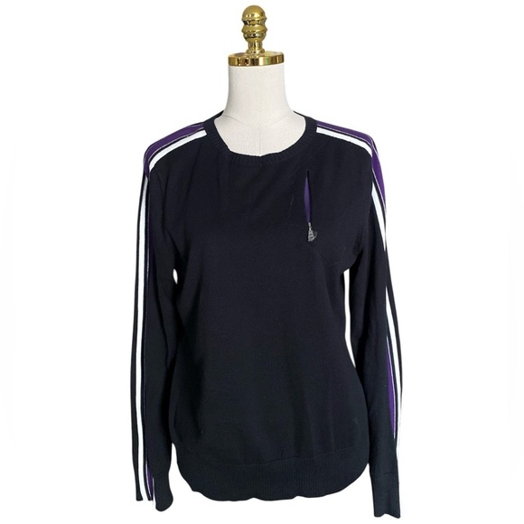 Ralph Lauren Sweaters - Ralph Lauren Active Women’s Cotton Black w/ Striped Sleeves Crewneck Sweater L